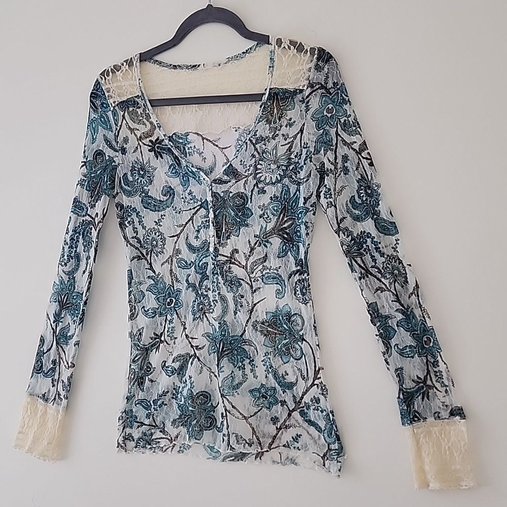 Y2K 90's Blue Floral Semi Sheer Mesh Tulle Beige Lace Trim Fitted Henley Top S E - Picture 2 of 12